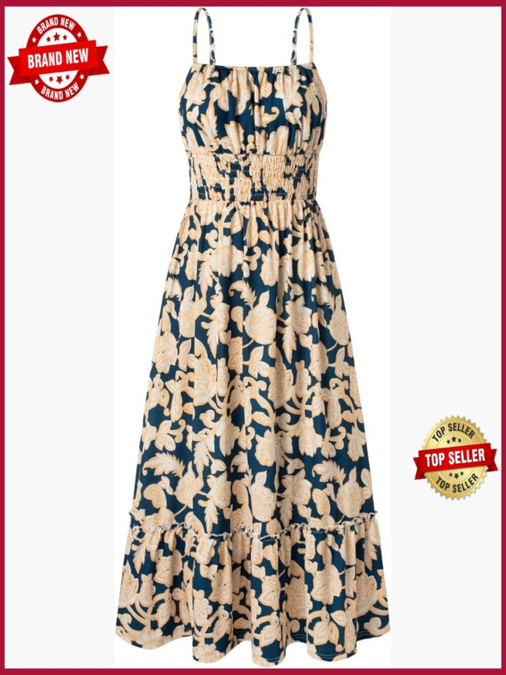 Smocked Floral Maxi Dress Boho Sleeveless Sundress with Pockets